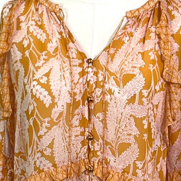 Anthropologie Orange Pink Floral Tiered Ruffle Tunic Dress Small Boho Viscose - Picture 7 of 10